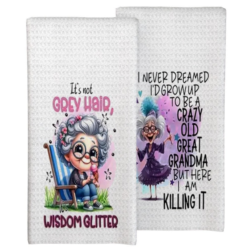 

2-pack Modern Cartoon Grandma Polyester Kitchen Towels, Super Dish Towels, Machine Washable, 18x26 Inches, Cute Cooking & Baking Hand Towels For Home, Banquet, Buffet, Bar Decor