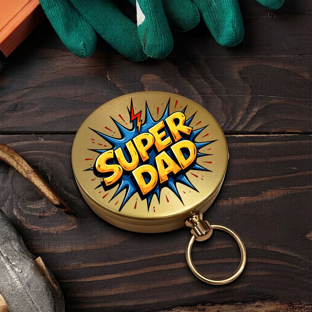 Vintage Style Brass Compass with Super Dad Print