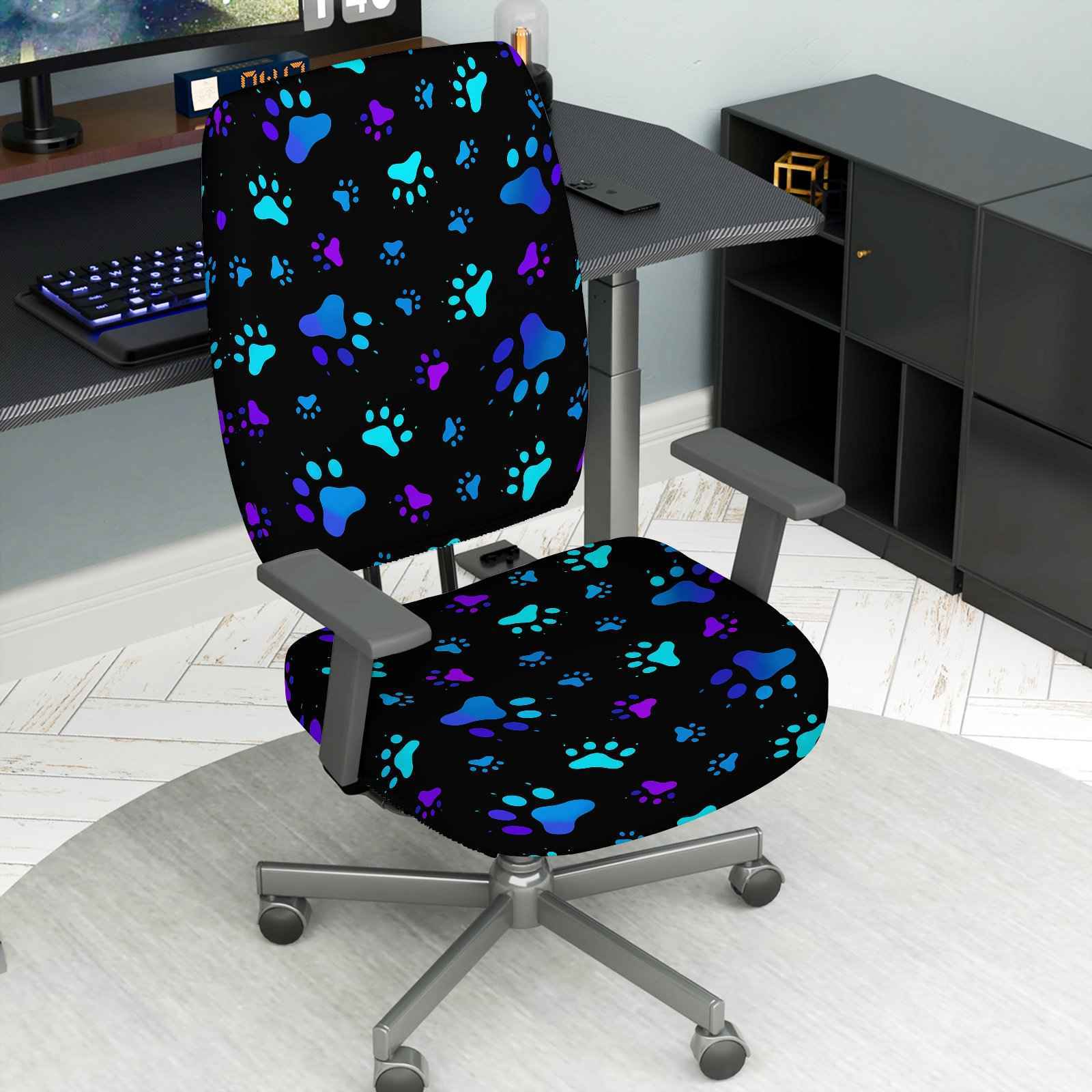 TEMU Set Of 2 Blue And Purple Paw Print Covers For Chairs, Designed For Pet Lovers. Elastic Covers Protect Your Rotating Table And Chair, Featuring A