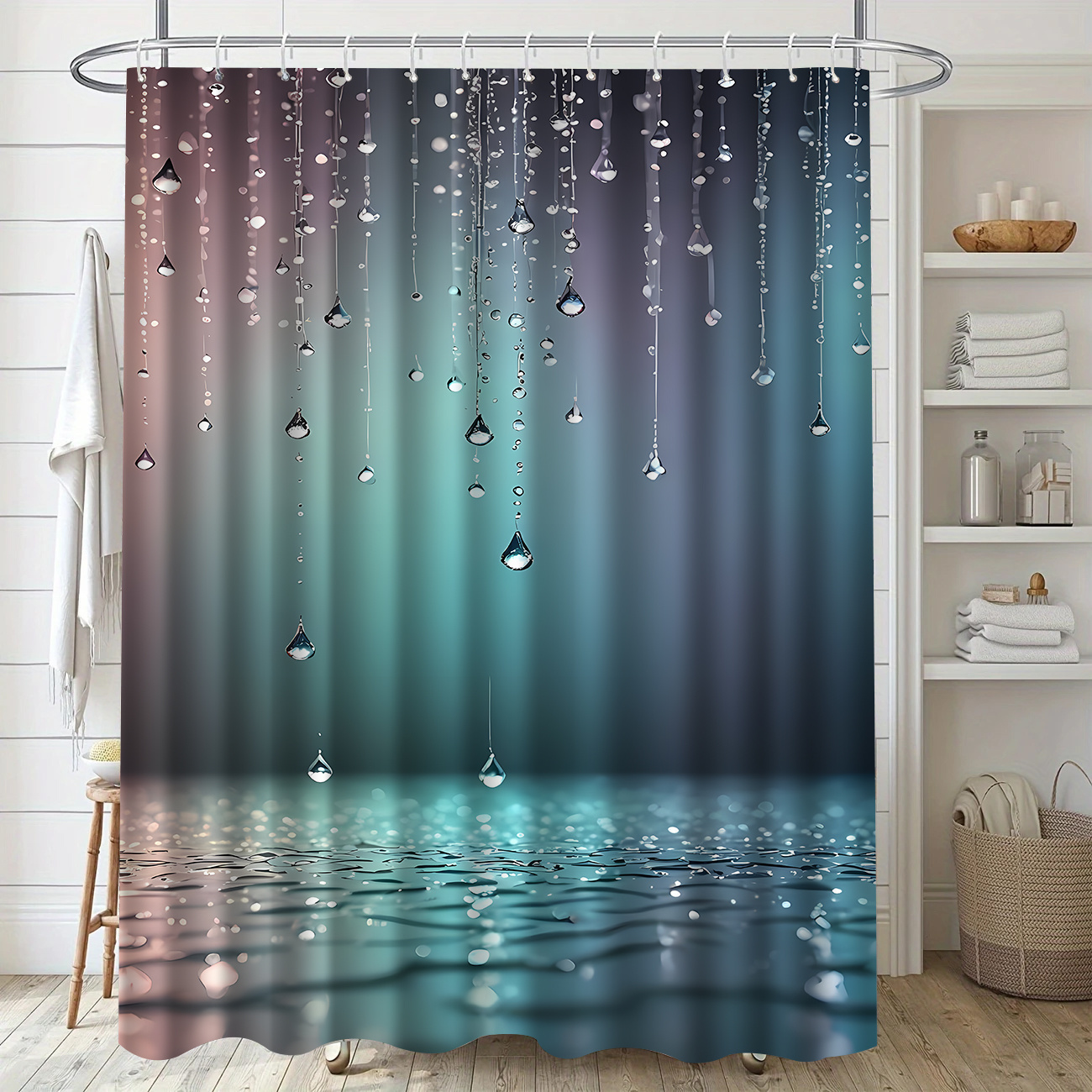Raindrop Pattern Printed Shower Curtain with Hooks