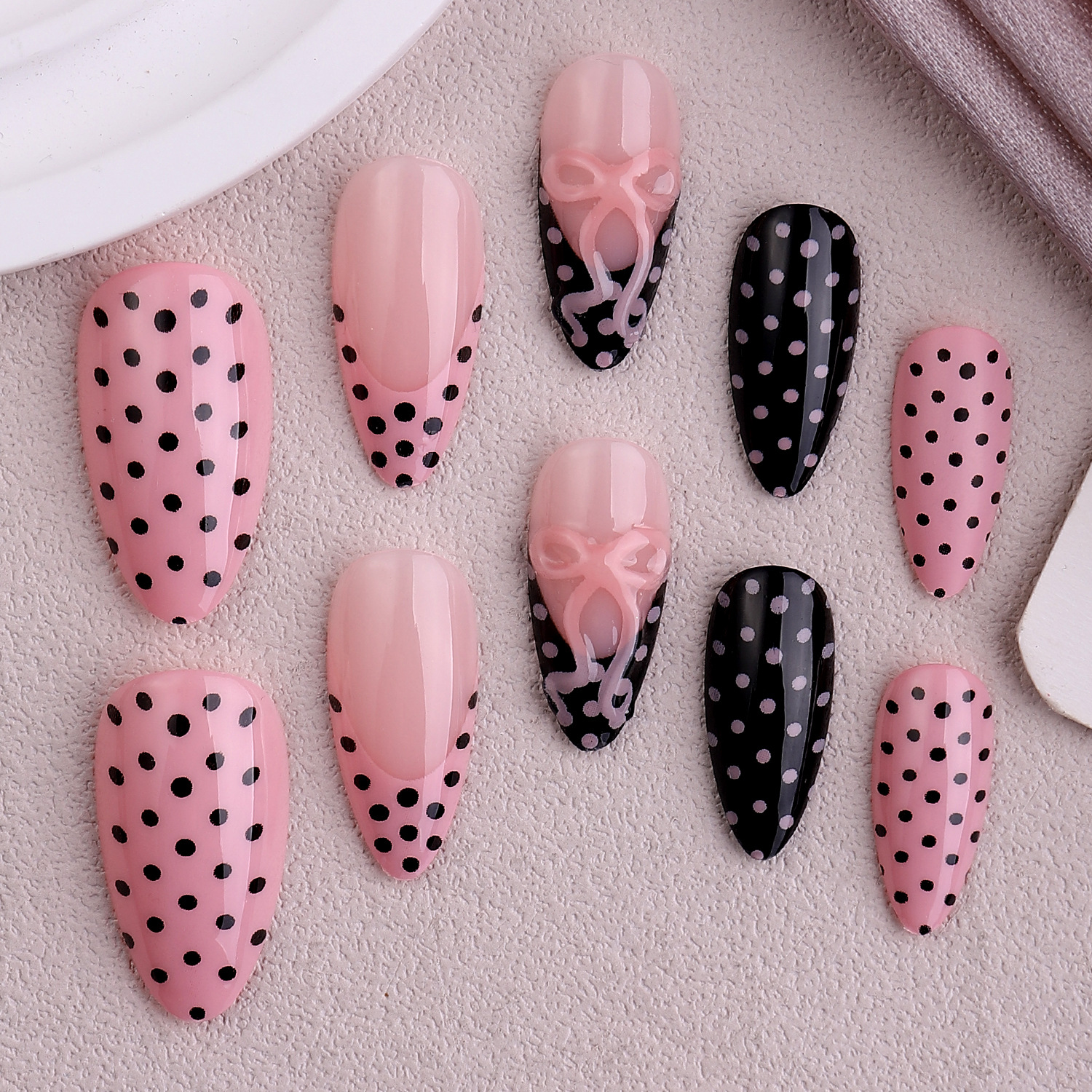 TEMU Huge, 24pcs Polka Dot Bow Almond Press On Nails, Glossy Cute Sweet Fake Nails, For Women Daily Dating Birthday Holiday Party , Reusable, No Lamp