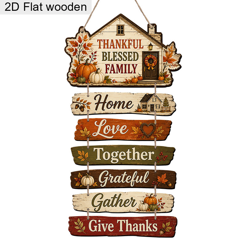 TEMU 2d Flat 7-panel Canvas, Home Shape Wooden Plaque, Thankful Autumn Maple Leaf Pumpkin Garlic House Pattern Wall Decor Hanging Board, Party