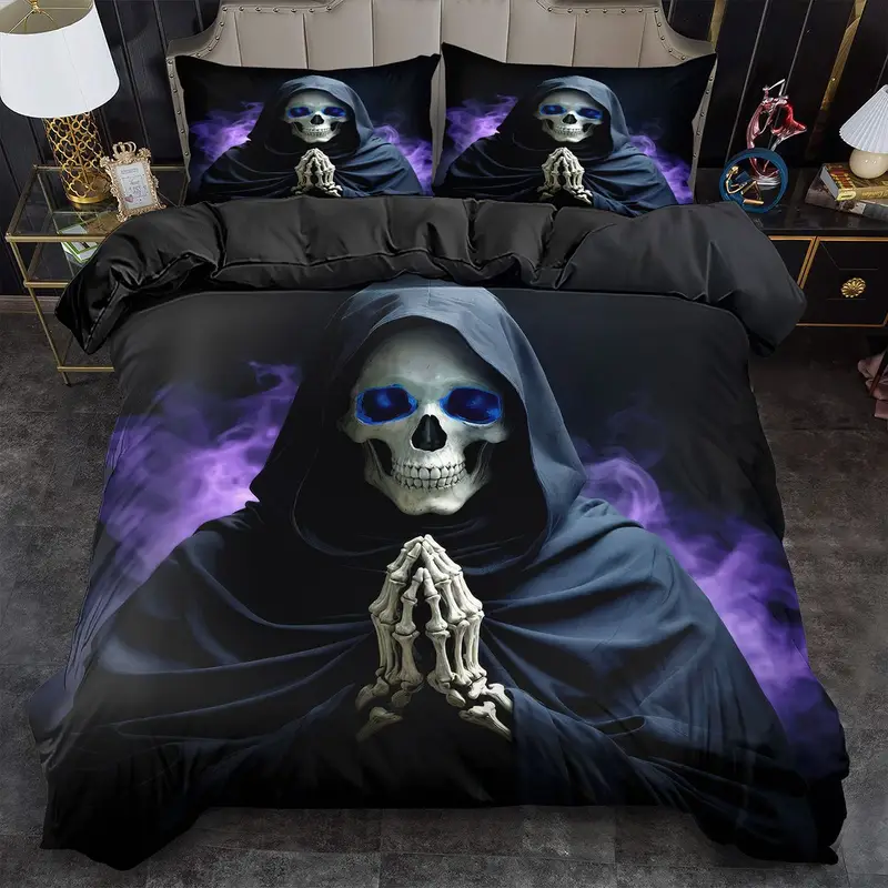 Schwarzes Bettwäsche Halloween Bettbezug Set Totenkopf Steppdeckenbezug Tod Gott Schlafzimmer Dekor Gästezimmer Geburtstags- und Weihnachtsgeschenke