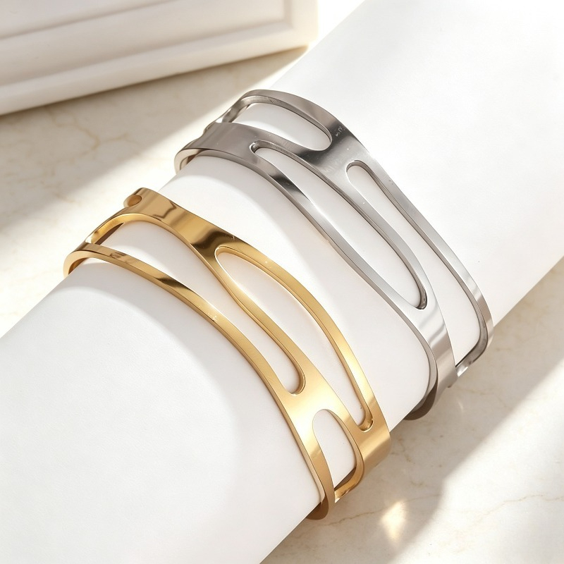 1pc Double-Layer Hollow Minimalist Stainless Steel Open Bangle