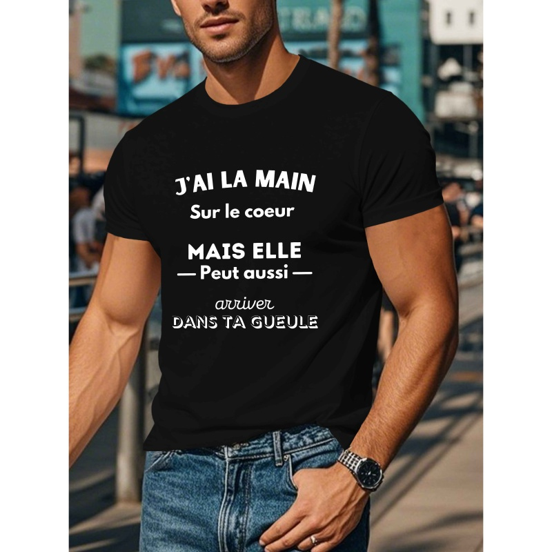 

T-Shirt Homme "JAL " avec Amusante Française - Polyester Décontracté, Manches Courtes, Col Rond, Lavable en Machine, Haut d'Été