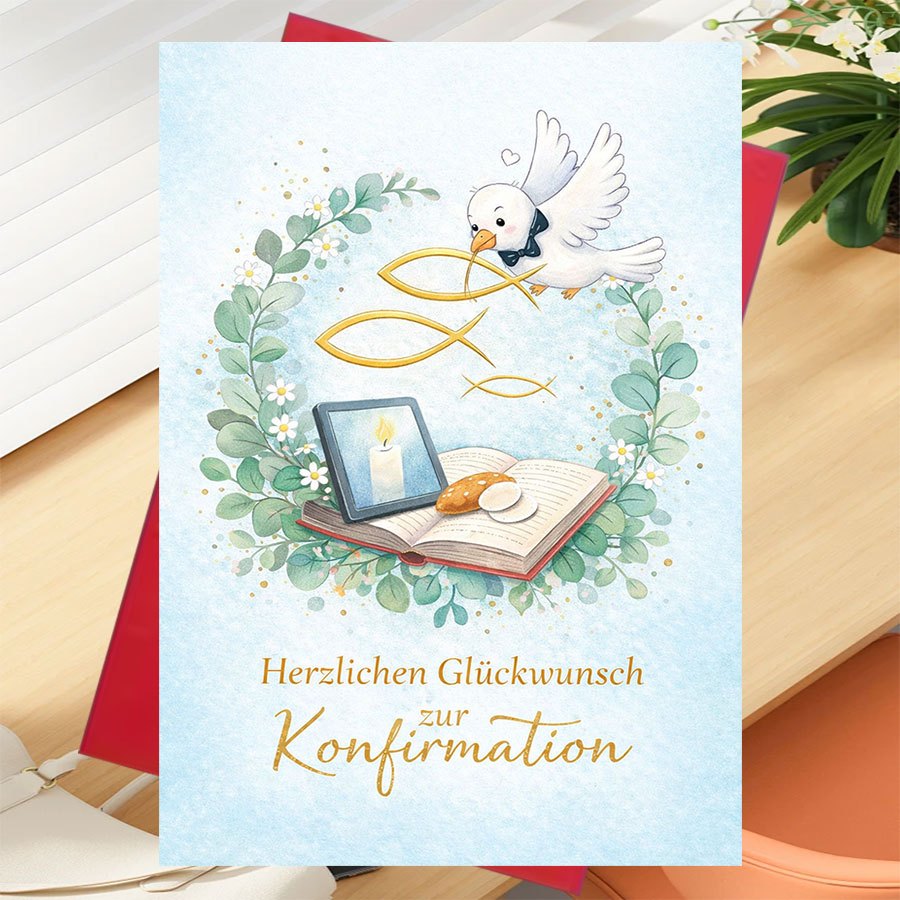 E-shop 1 Grußkarte + 1 Umschlag – 1 Stück Grußkarte für Jugendliche zur Konfirmation mit Taubenbuch Tablett-Muster