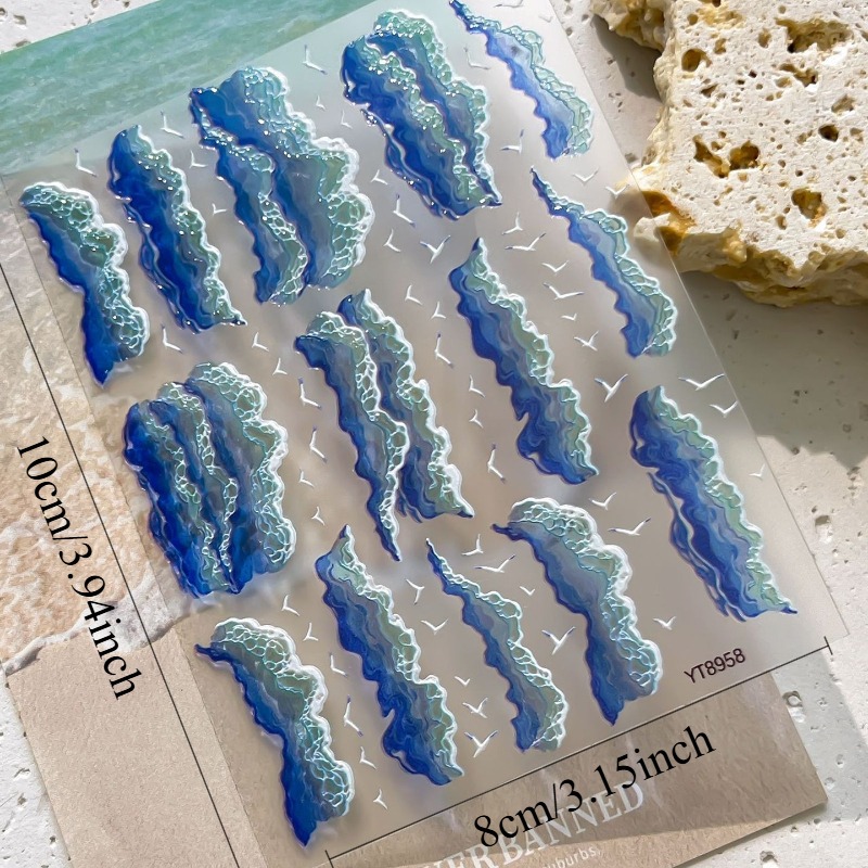 TEMU 1pc Nail Stickers, With Gradient Wave Patterns And Seagull Designs, Featuring A Style, Suitable For Daily Gatherings And Vacations.