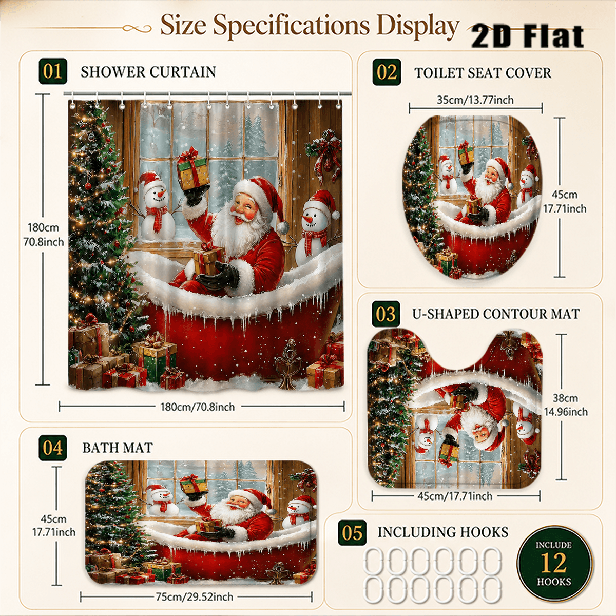 TEMU Ensemble de rideau de douche plat 2D, 4 pièces, motif Père Noël, de neige, sapin de Noël, boîtes cadeaux, décoration de salle de bain d'hiver,