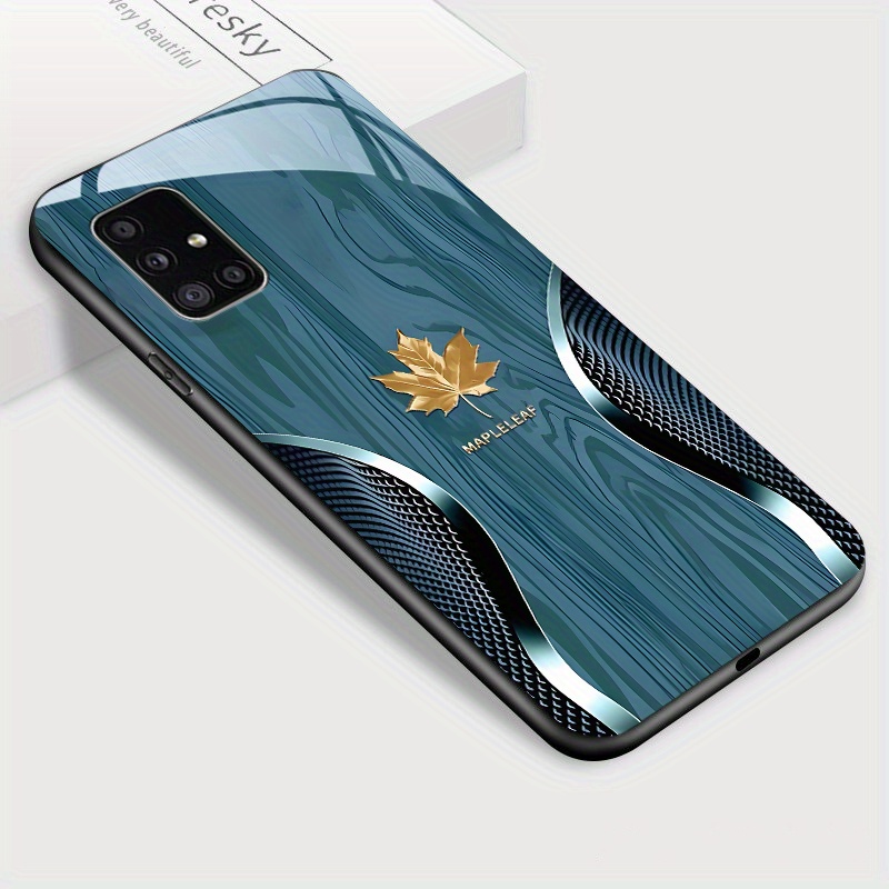 TEMU Чохол для for Samsung Galaxy A51 5G 4G, Стильний Зелений Кленовий Візерунок, Глянцеве Загартоване Скло, Ударостійкий Задній Корпус