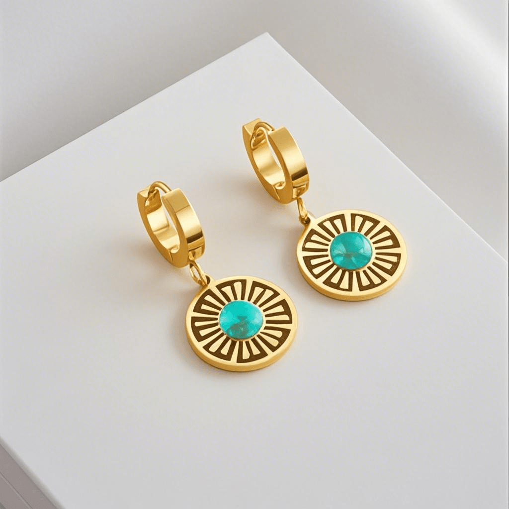 Vintage Stainless Steel Turquoise Sunburst Coin Pendant Earrings
