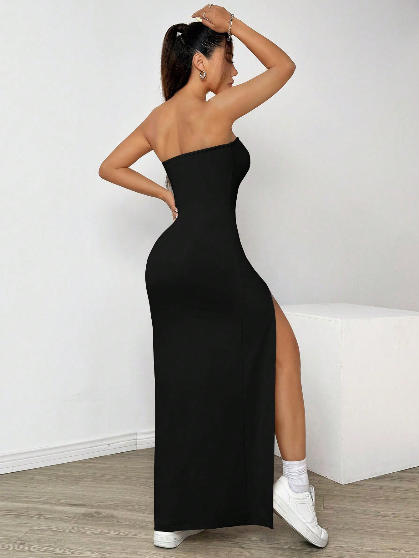 elegant strapless one shoulder maxi dress side slit solid