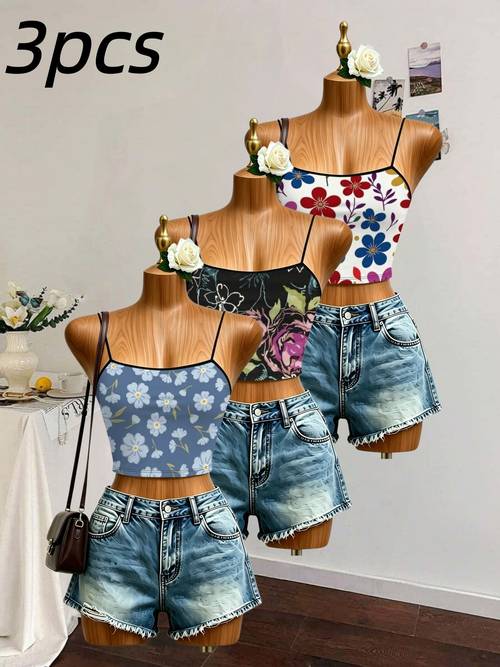 item picture 3pcs womens printed camisole tops stylish design suitable for daily wear dates and vacations charm to your look
