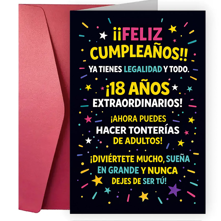 TEMU 1 tarjeta de felicitación y 1 sobre. Esta tarjeta de número 18 mensajes divertidos en español y un colorido diseño de . para , , o que celebran