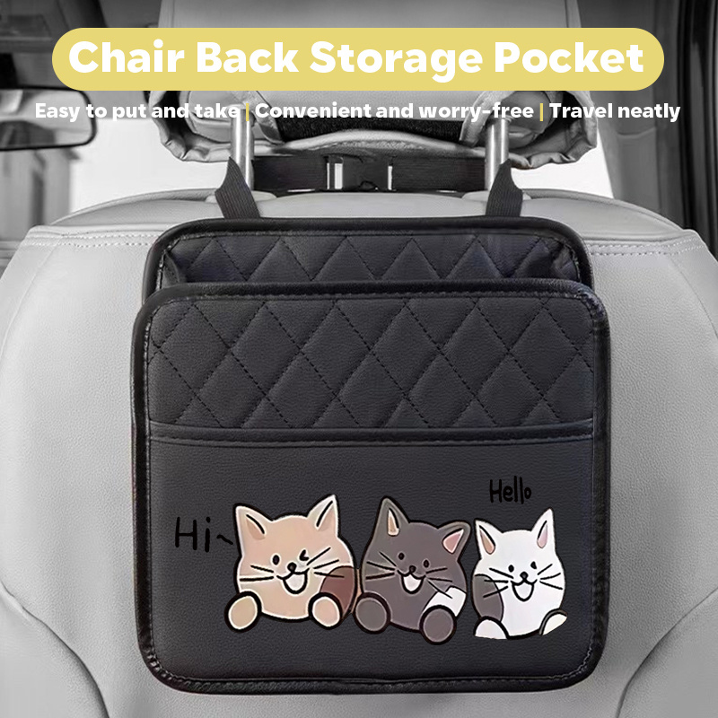 TEMU Car Seat Back Organizer Bag, Printed Pu Leather, Waterproof And Stain-resistant, Extra Large Capacity, Vehicle Seat Back Storage, Car Interior