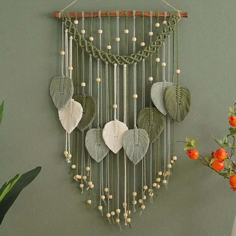 1pc Macrame Leaves Wall Hanging - Chic Feather Boho Macrame Wall Decor Handmade Tassels Wall Art Bohemian Decoration For Bedroom Living Room Backdrop
