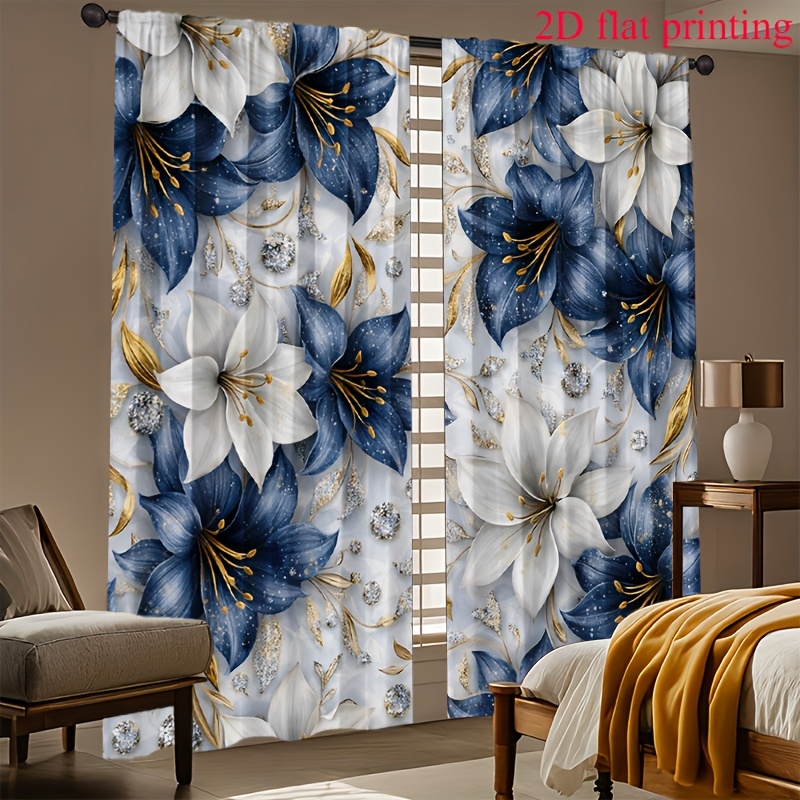 TEMU 2d Flat - 2d Flat - Set Of 2 2d Flat Curtains Featuring Blue And Flowers With Golden And Sparkling Details, A Luxurious And Dreamlike Ambiance,