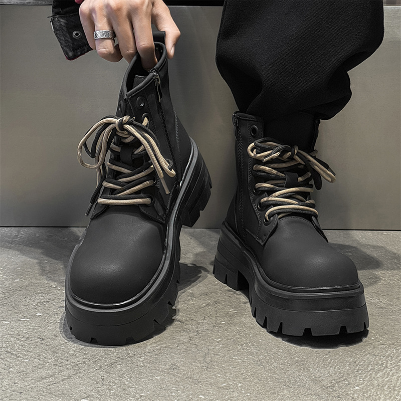 mens black lace platform boots wide toe chunky heel - Temu display picture 2