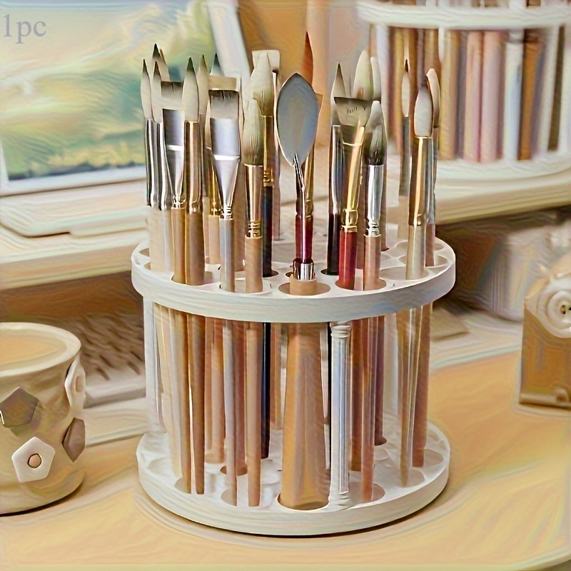 TEMU 1pc New Rotating Brush Holder Organizer, 360° Detachable Pvc Paintbrush Storage Box, Portable Desktop Makeup Brush Pen Holder