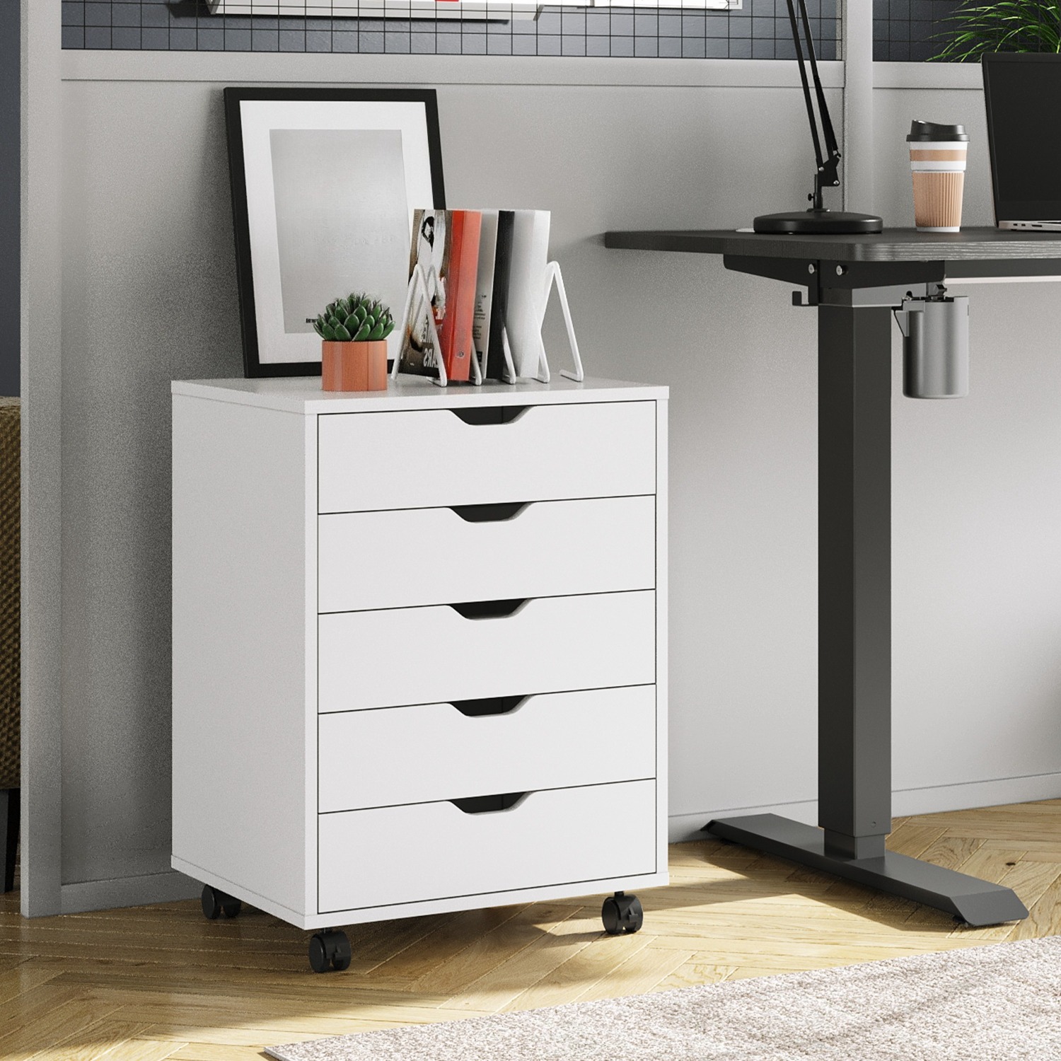 TEMU Wooden Rolling Filing Cabinet With 5 Drawers, Suitable For Home Offices, Serves As Printer Stand And Under-desk File Organizer For Letter-sized