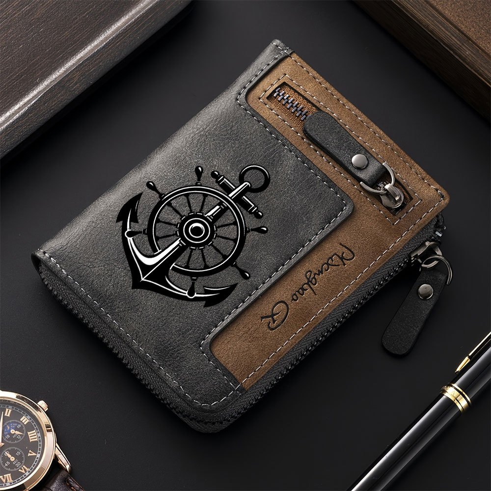 TEMU 1pc Men's Vintage Anchor Pattern Spliced Wallet, Multi-card Slot Zippered Short Wallet, Casual Bifold Coin Purse