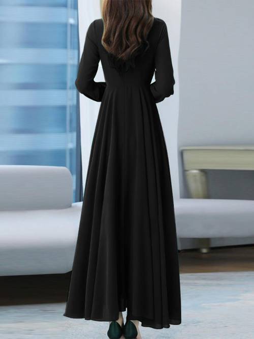 plus size women elegant long dresses with belt stand collar long sleeve solid color lightweight commuter casual a line dress plus size