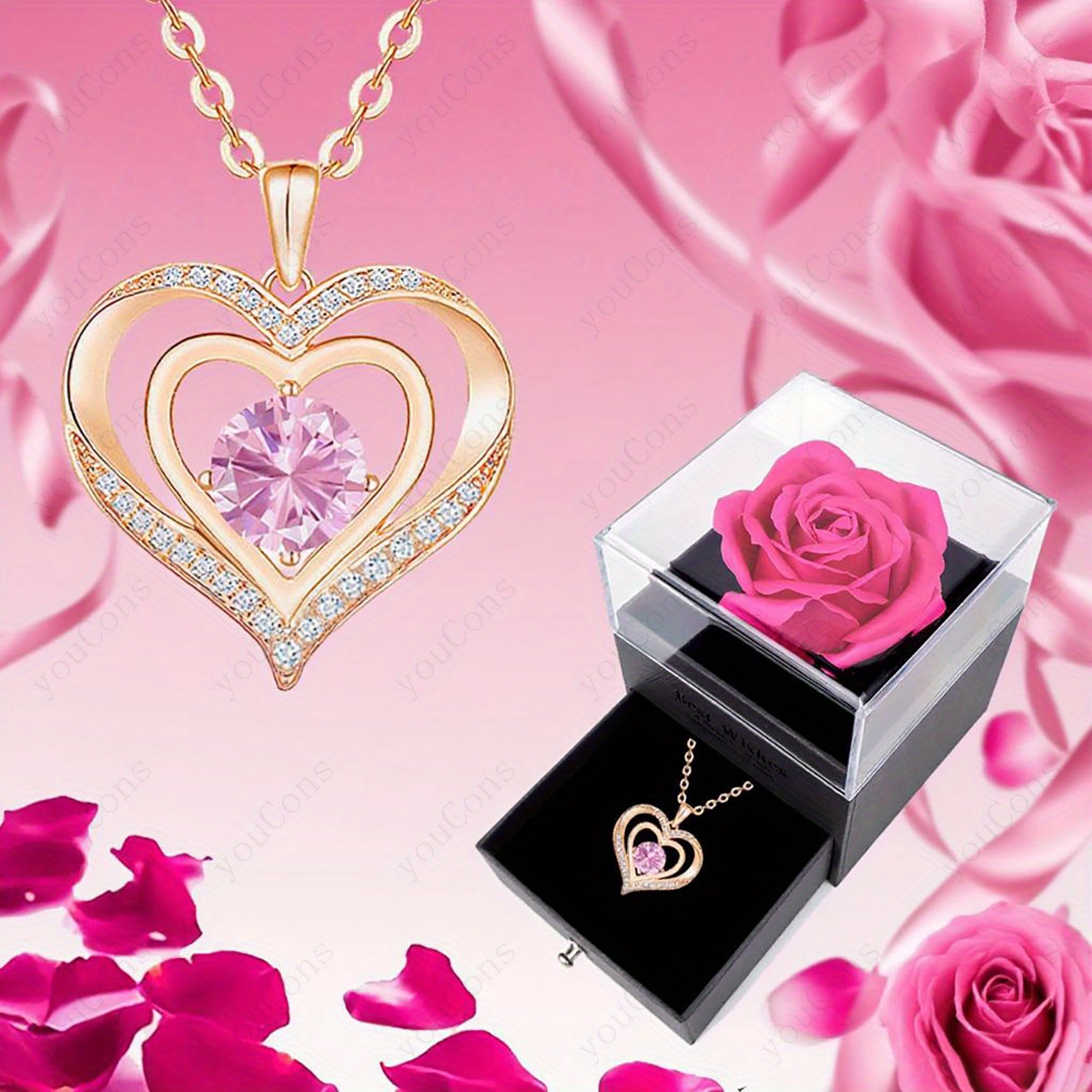Women's Pink Birthstone Heart Pendant Necklace Gift Set