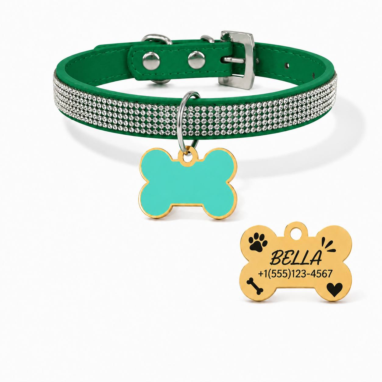 Diamond-Studded Pet Collar with Engravable Bone Dog Tag