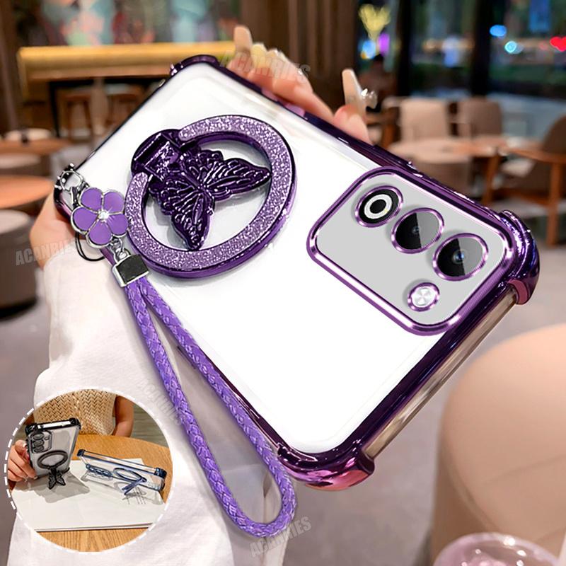 TEMU Phone Case: Luxury Glitter Folding Stand Holder Bracket With Candy Woven Lanyard Wrist Strap And Plating Shockproof Protective Soft Phone Case