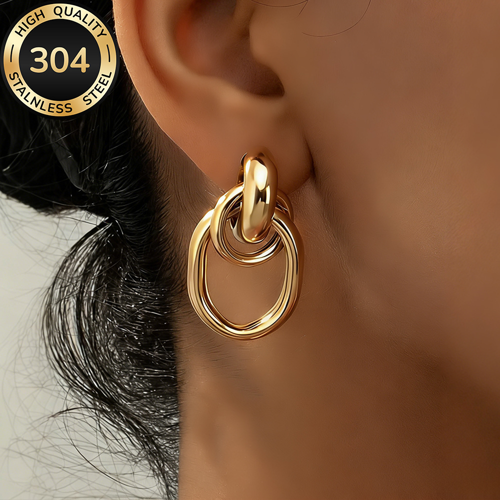 TEMU High-quality Stainless Steel Golden Earrings, Hypoallergenic, Fade-resistant, Simple And Elegant, Fashionable Women's Earrings For Daily Wear Or