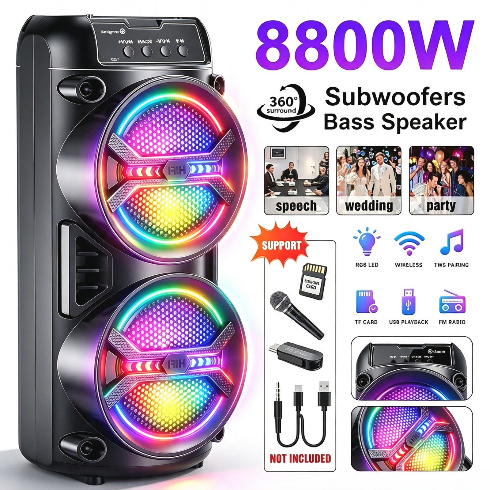 imagen del artículo altavoz de   portátil bluetooth, altavoz sin varillas para exteriores con iluminación rgb, batería de 2400 mah, soporte de múltiples   para micrófono y guitarra, audio hd,   para  s y regalos festivos