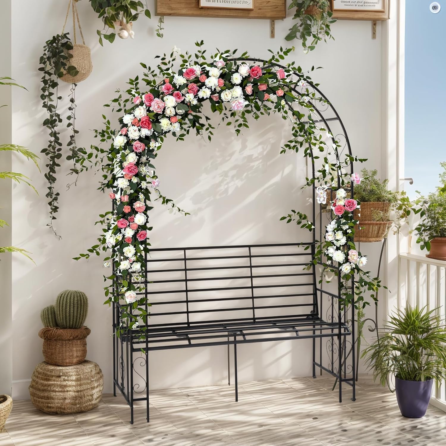 Image of Bonnlo Metal Rose Arch, Stable And Weather-resistant Climbing Support Made Of Powder-coated Steel, Garden Trellis For Gardens, Roses, Plants, 134x59.00x203cm/ Black (dome Roof With Bench)