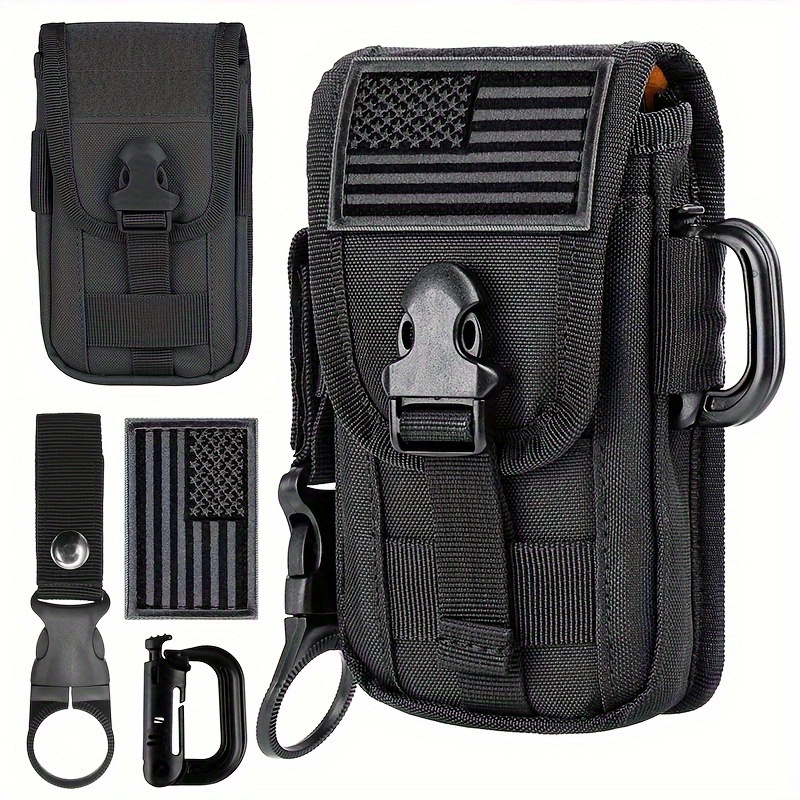 TEMU 1pc Tactical Molle Phone Pouch With American Flag Patch & Water Bottle Holder, Durable Nylon Waist Bag For 4.7-6.9 Inch Smartphones, Black,