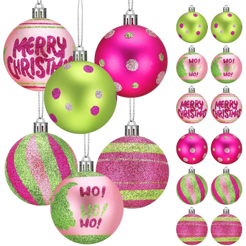12pcs 2.4 Inch Christmas Ball Ornaments For Tree, Xmas Glittering Hanging Bulbs Pink And Green Plastic Ball For Christmas Tree Ornaments Xmas Holiday Party Decor Favors