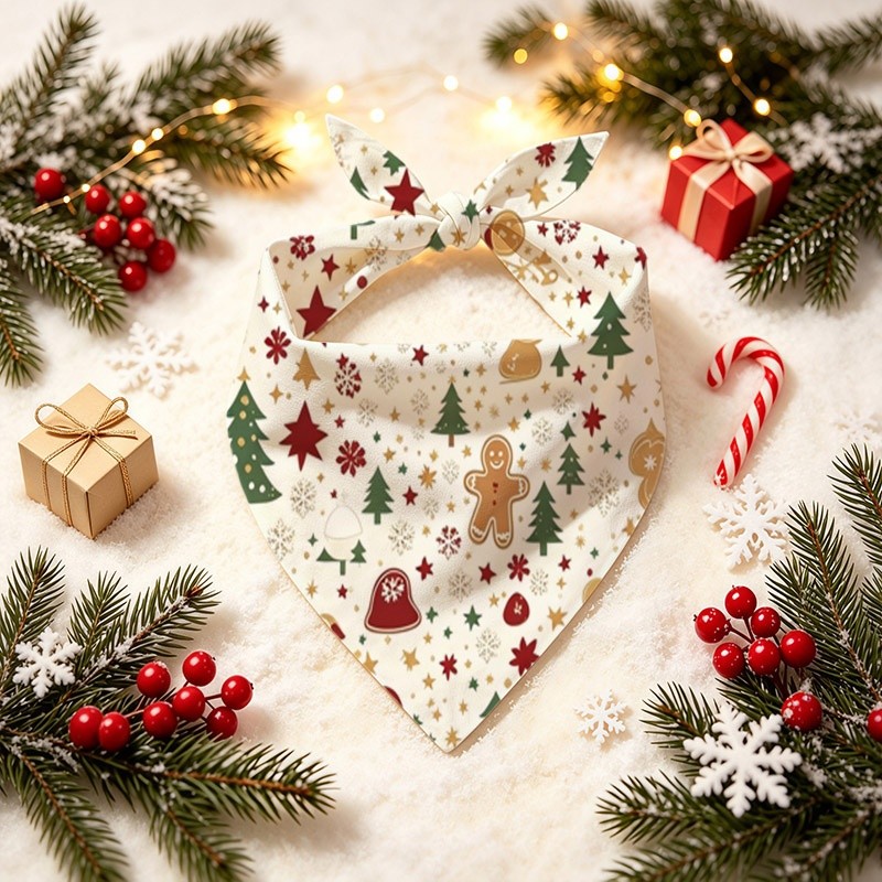 TEMU 1pc 24.8x11 Inch Christmas-themed Dog Scarf, Featuring Pine Trees, Gingerbread Men, Snowflakes, And Festive Elements, Pet , Ideal For Medium To