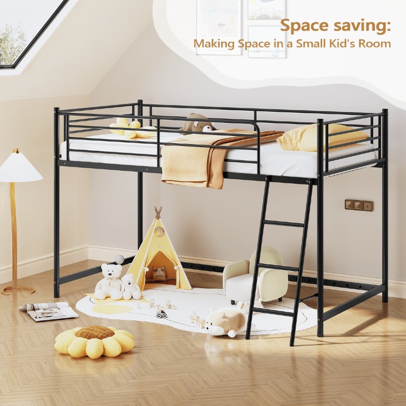 Loft Bed for Kids | Heavy-duty Iron Frame, 350LBS Weight Capacity, Space Saving Design for Small Rooms & Low Ceilings, Movable Ladder, - JOYMOR