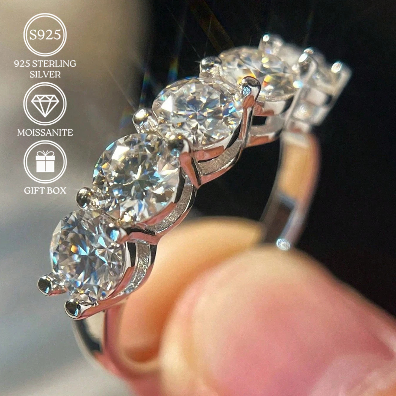 1pc 0 5carat elegant and gorgeous moissanite ring inlay 5 stone ring 925 silvery rhodium plated college theme for teen graduation gift birthday present party jewelry