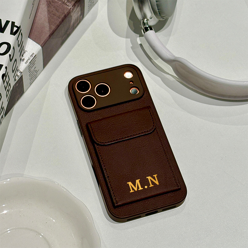 TEMU Phone Case: Custom Letter Pu Card Holder Phone Case - Minimalist Style With Letter Print And Card Storage Stand. Compatible With Iphone 17, 16,
