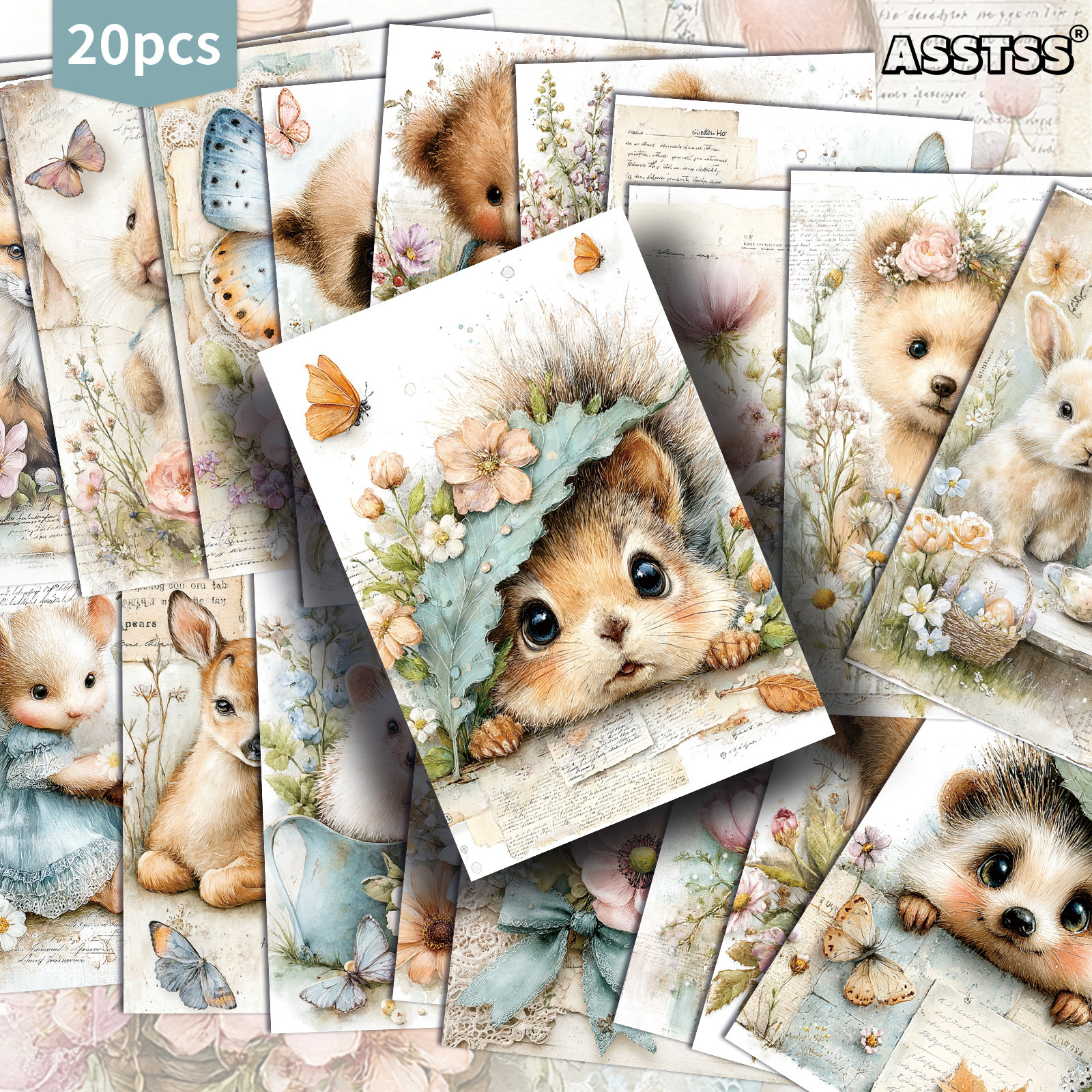 TEMU 20pcs Asstss (assorted) Pack Suitable For Scrapbooking & Junk Journals - Vintage Animal & Flower Postcards With Retro Designs, 4x6 Pages For