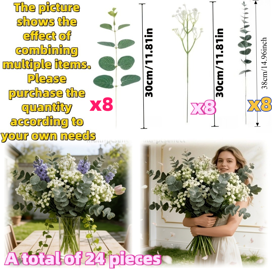 TEMU Juego de 24 piezas - combinación de eucalipto artificial, gypsophila y hojas de eucalipto, para todas . flores de realistas presentan un diseño