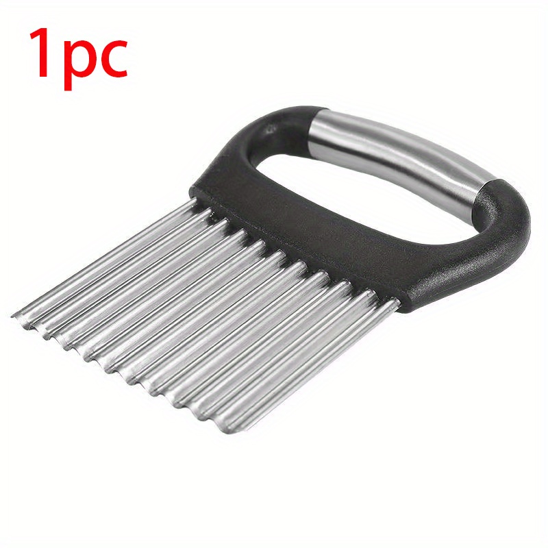 Image of 1pc Black Handle Stainless Steel Potato Slicer, French Fry Wavy Potato Cutter, Kitchen Vegetable Cutting Tool, Outdoor Kitchenware, For Outdoor Camping And Dining