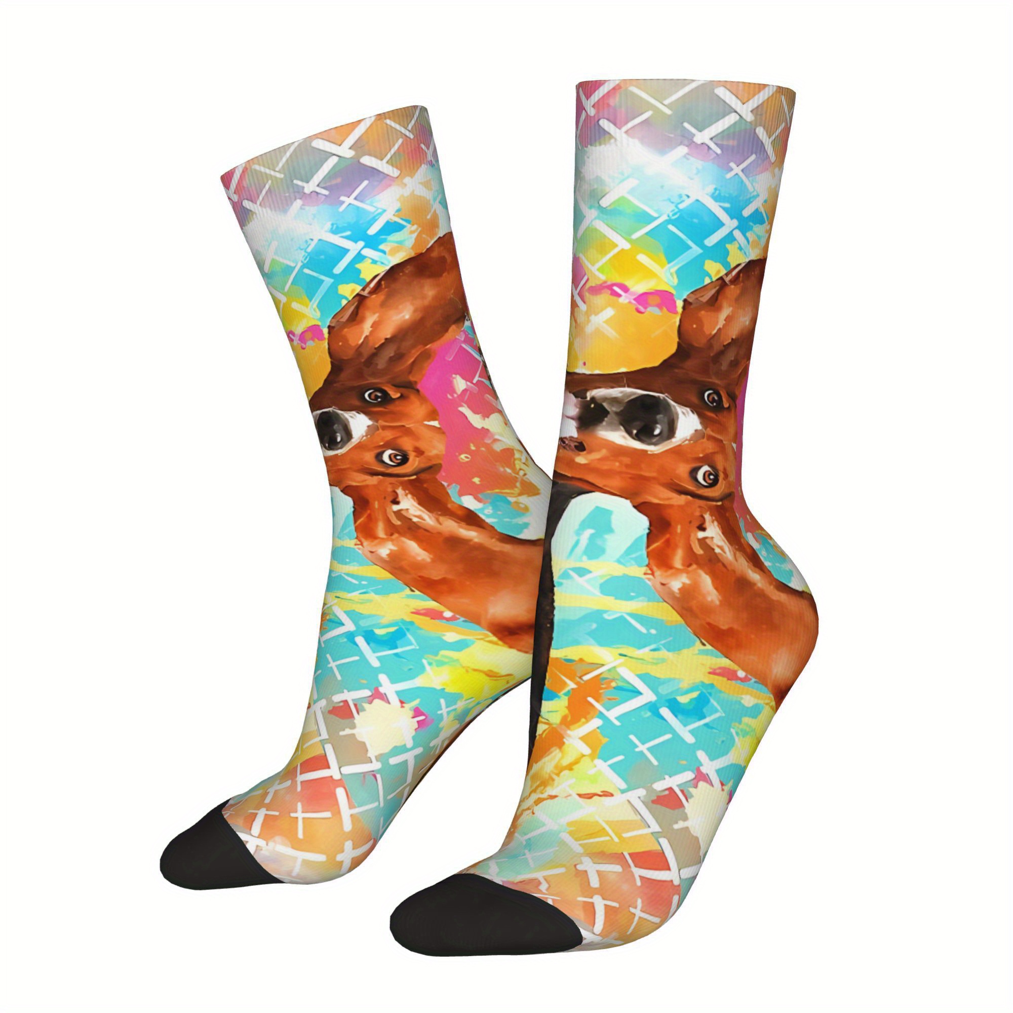 

1 Pair Men's Basset Hound Novelty Crew Socks - 95% Polyester, 5% Elastane - Hand Washable, Knit Fabric, Random Print, Unique Gift Socks