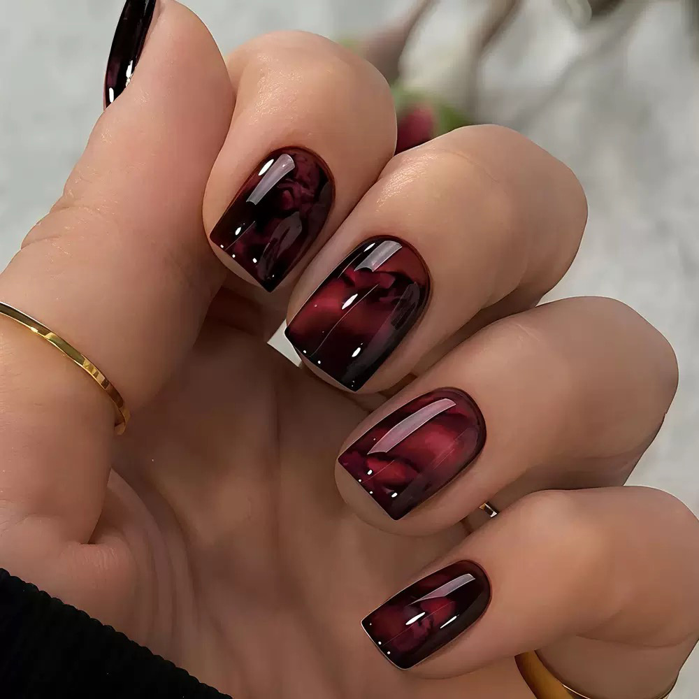 TEMU 24pcs Wine Red Ink Wash Smudge Press-on Nails Short Square Nails Dark Retro Removable False Nails