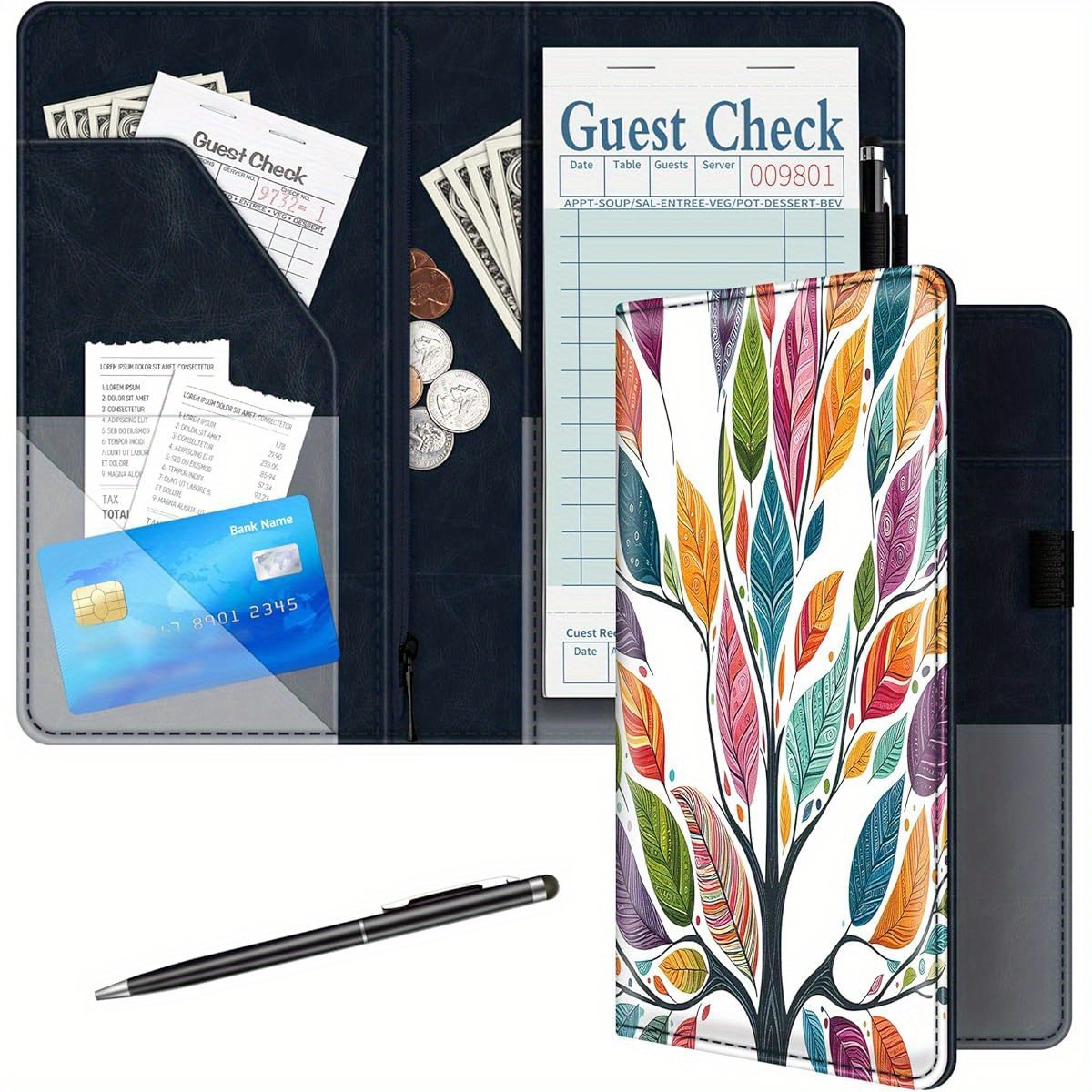 Waitress Server Book - PU Leather Checkbook Holder With Zipper Pocket, 9 Card Slots, Pen Loop, Fits Apron Pockets