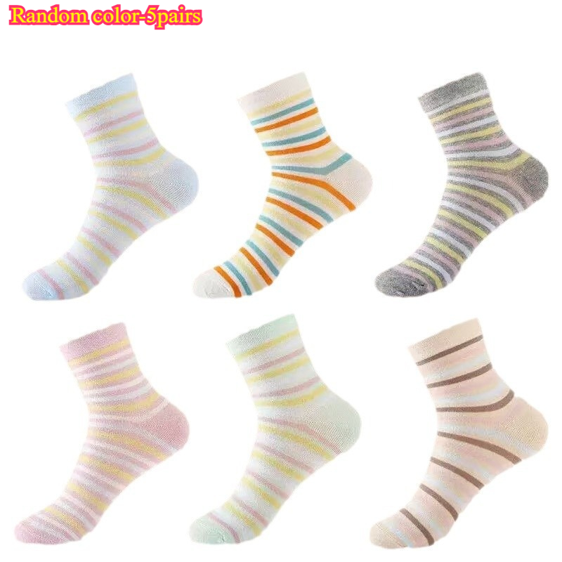 Image of 5pairs Random Color Socks Ladies Striped Leisure Sports Socks Socks Breathable Sweat-absorbent Socks Socks, Ladies Socks