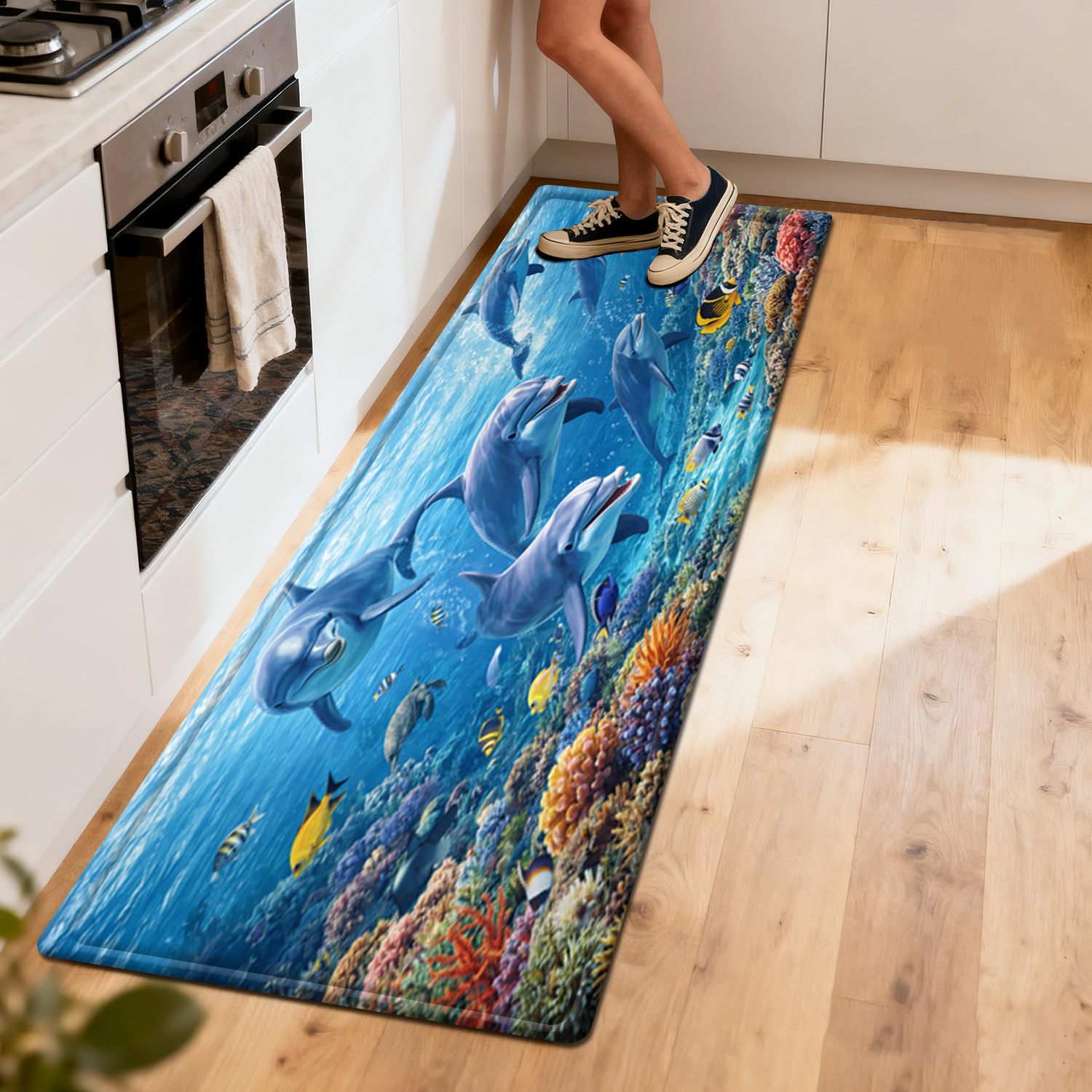 TEMU 【商品名】海洋生物（イルカと魚）がデザインされたキッチンランナーマット。レーション、ランドリールームの玄関、バスルームの玄関、吸水性と滑り止め性に優れ、寝室の廊下、バルコニー、ソファにも最適。