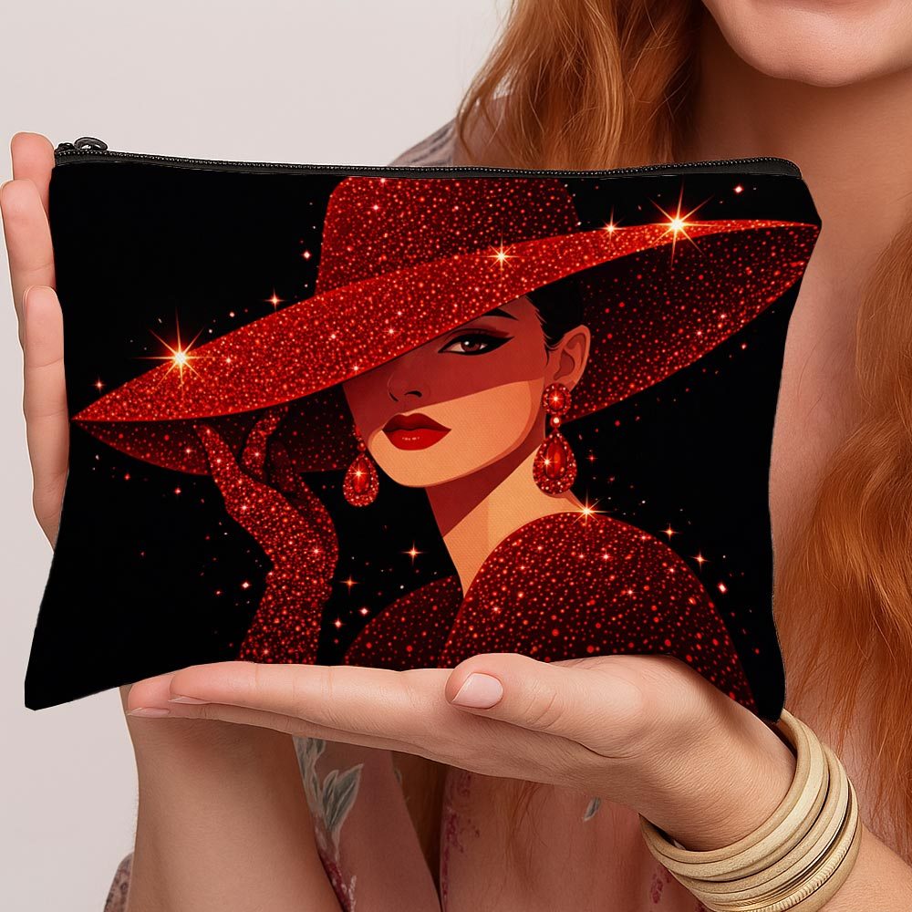 TEMU 1pc 2d Flat Printing Portrait Fashion Print Makeup Bags - Women's Red Hat Glitter Elegant Illustration Cute Pattern Bags, Capacity Travel Bags