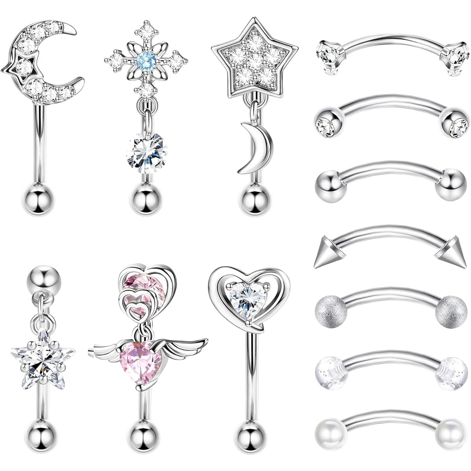 Image of 13pcs Rook Piercing Jewelry Eyebrow Rings For Women 16 G Surgical Steel Curved Barbell Rook Earrings Lip Rings Rook Eyebrow Cartilage Daith Surface Tragus Piercing Jewelry