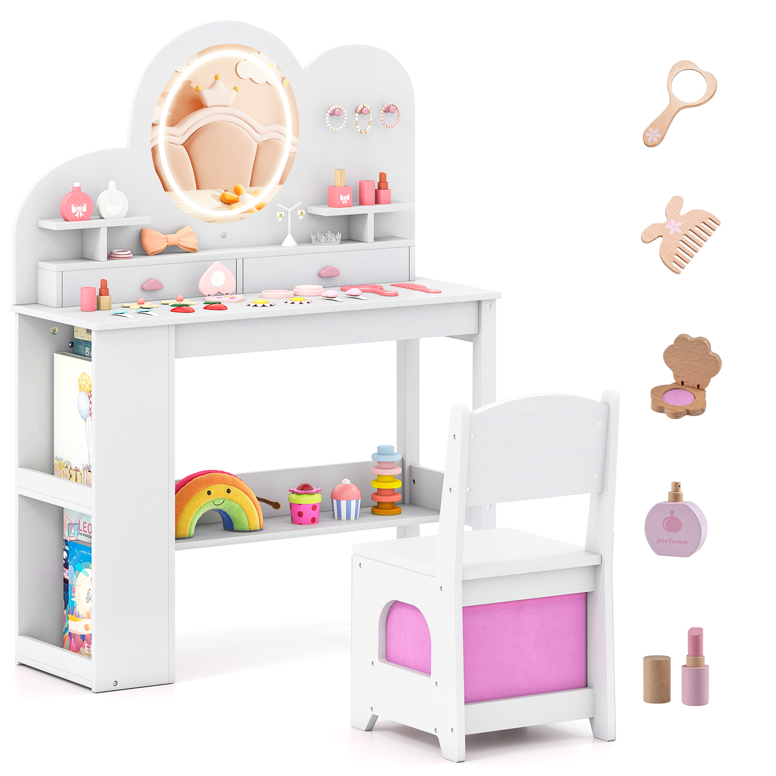 Image of Kids Vanity, Princess Vanity Table & Chair Set With 2 Drawers & 2-tier Bookshelf, 3 Hooks & 2 Open Shelves, Makeup Dressing Table Set