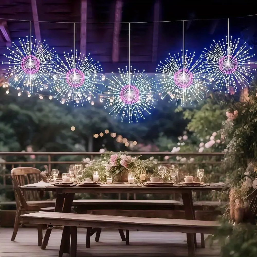 TEMU 5pcs Hanging Solar Powered Outdoor Firework Lights, 450 Led Sparkling Starburst Sphere Lights, Warm White/multicolor, 8 Copper Wire Fairy Lights