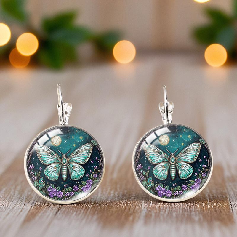 Dark Green Moth Round Earrings, Trendy Handmade Jewelry